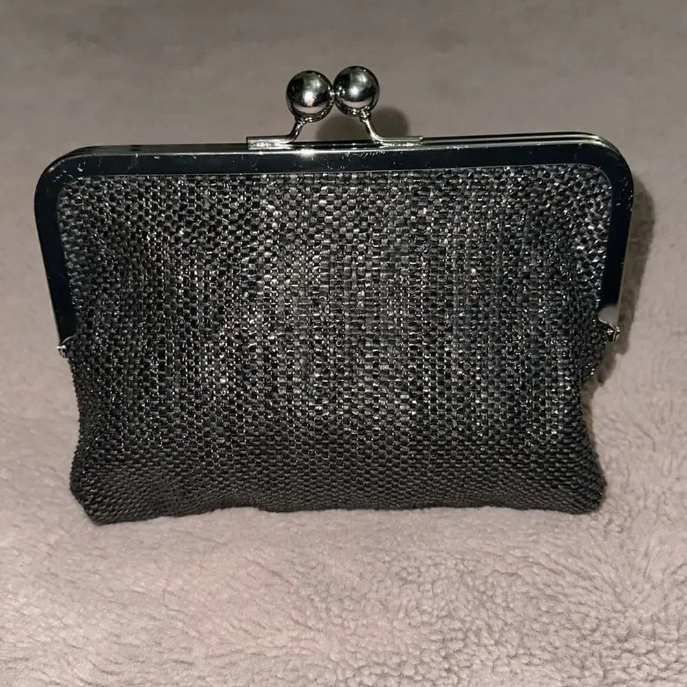 Adorable Black and Silver Clutch with Silver Kisslock Frame Gray Leopard Lining
